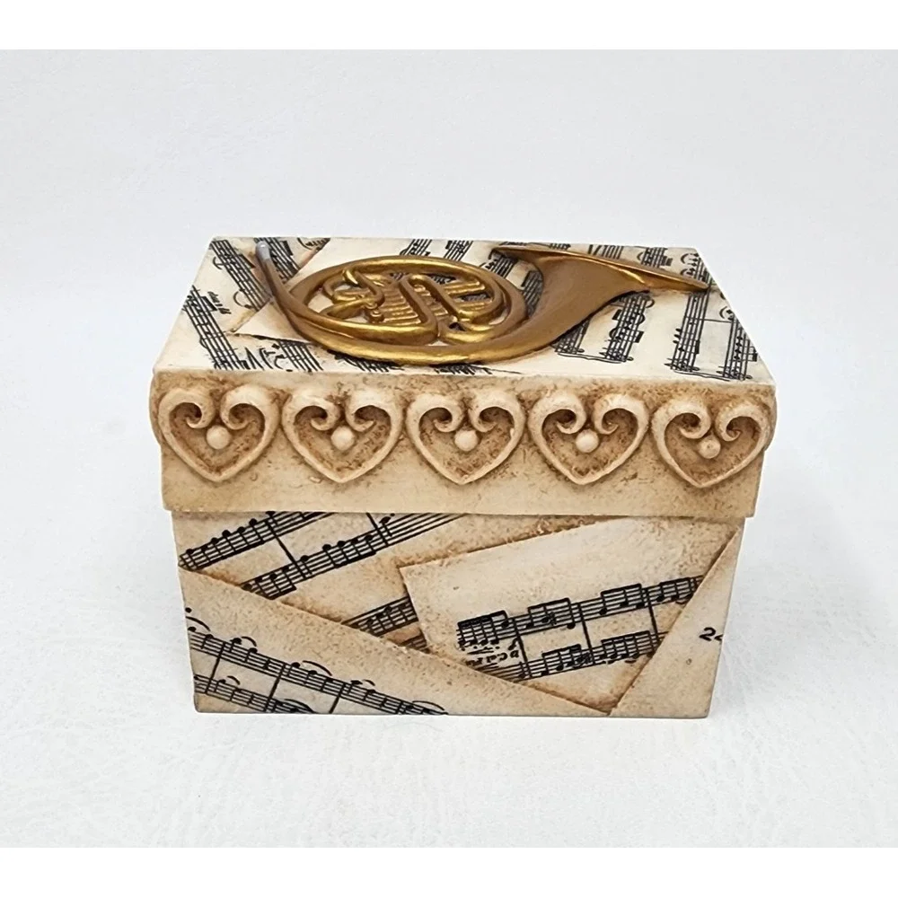2004 Roman Inc. Trinket Jewelry Music Box French Horn Music Notes Theme 4.75x3